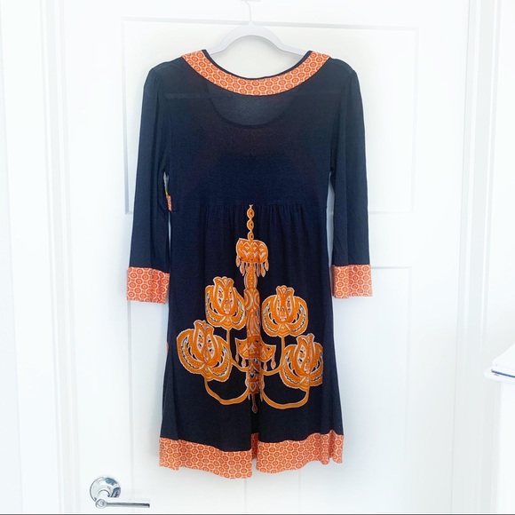 Anthropologie Eva Franco Chandelier Knit Tunic Swing Dress Navy/Orange Sz 4 - Picture 2 of 8